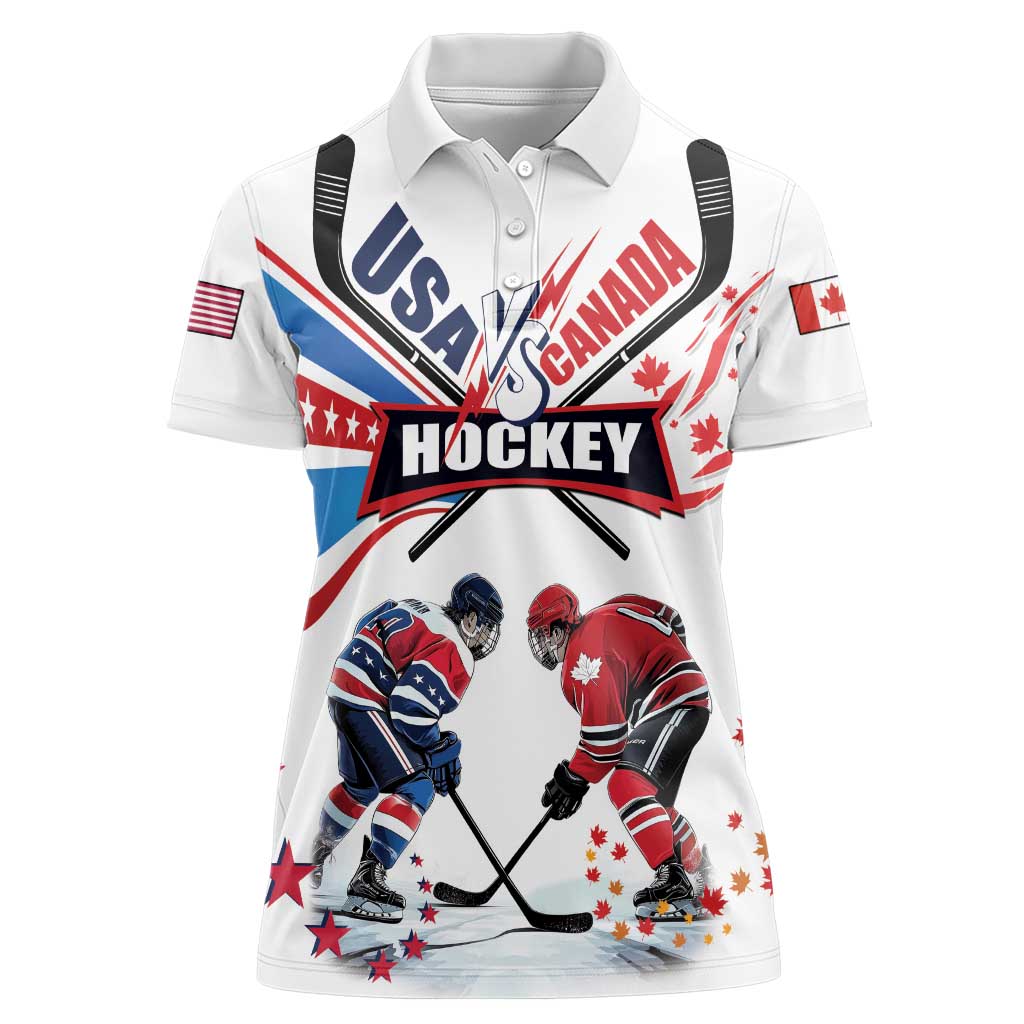 Custom USA vs Canada Ice Hockey Face Off Women Polo Shirt Stars Maple Leaf