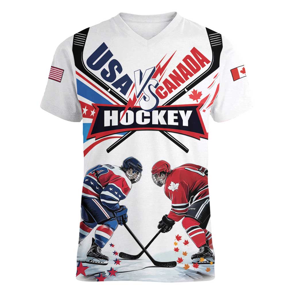 Custom USA vs Canada Ice Hockey Face Off Women V-Neck T-Shirt Stars Maple Leaf