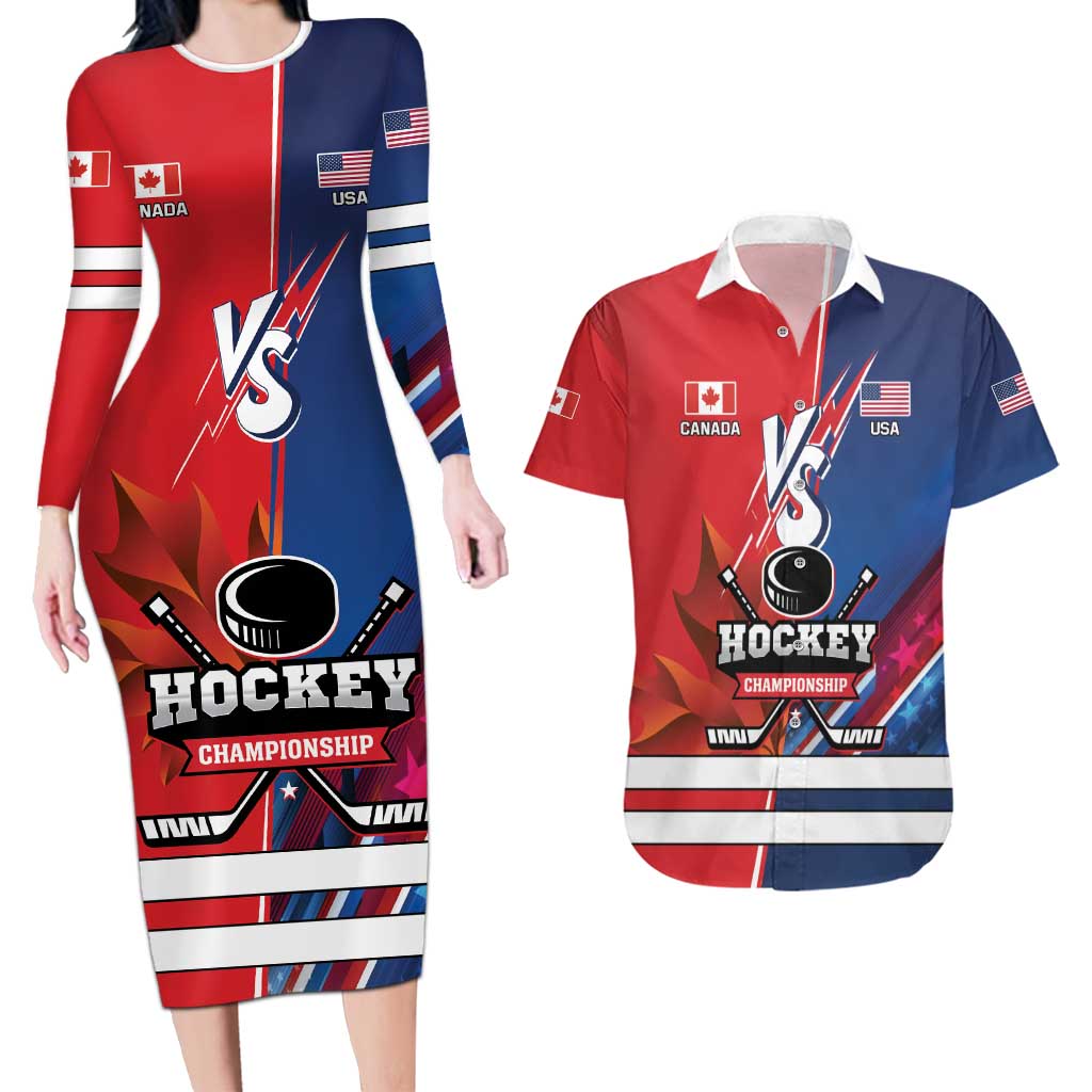 Custom USA vs Canada Ice Hockey Face Off Couples Matching Long Sleeve Bodycon Dress and Hawaiian Shirt Hockey Championship