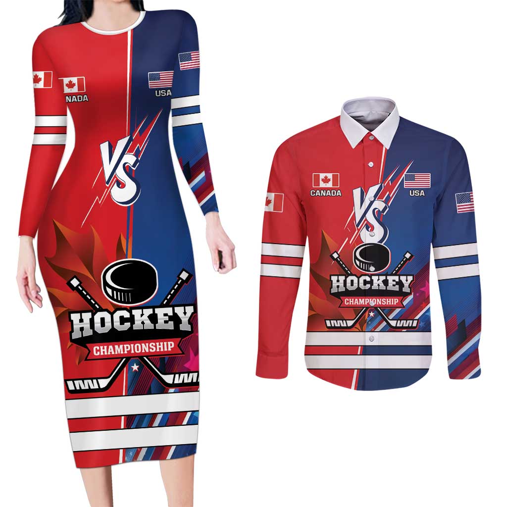 Custom USA vs Canada Ice Hockey Face Off Couples Matching Long Sleeve Bodycon Dress and Long Sleeve Button Shirt Hockey Championship