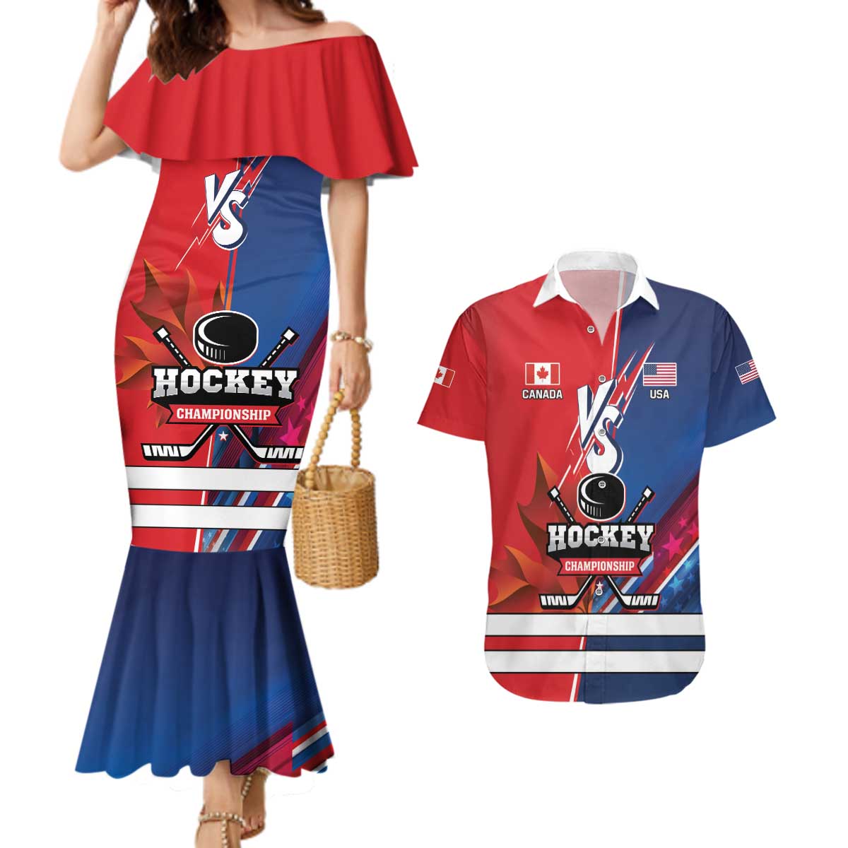 Custom USA vs Canada Ice Hockey Face Off Couples Matching Mermaid Dress and Hawaiian Shirt Hockey Championship