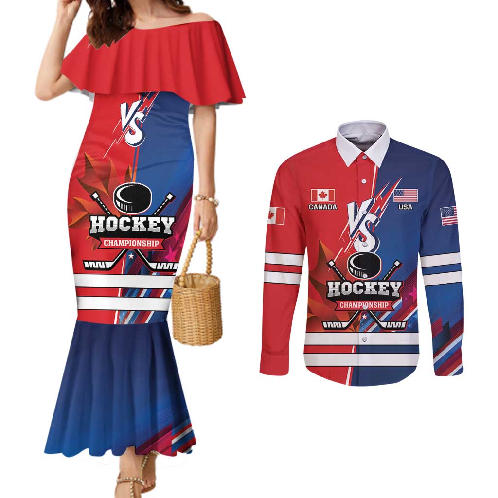 Custom USA vs Canada Ice Hockey Face Off Couples Matching Mermaid Dress and Long Sleeve Button Shirt Hockey Championship