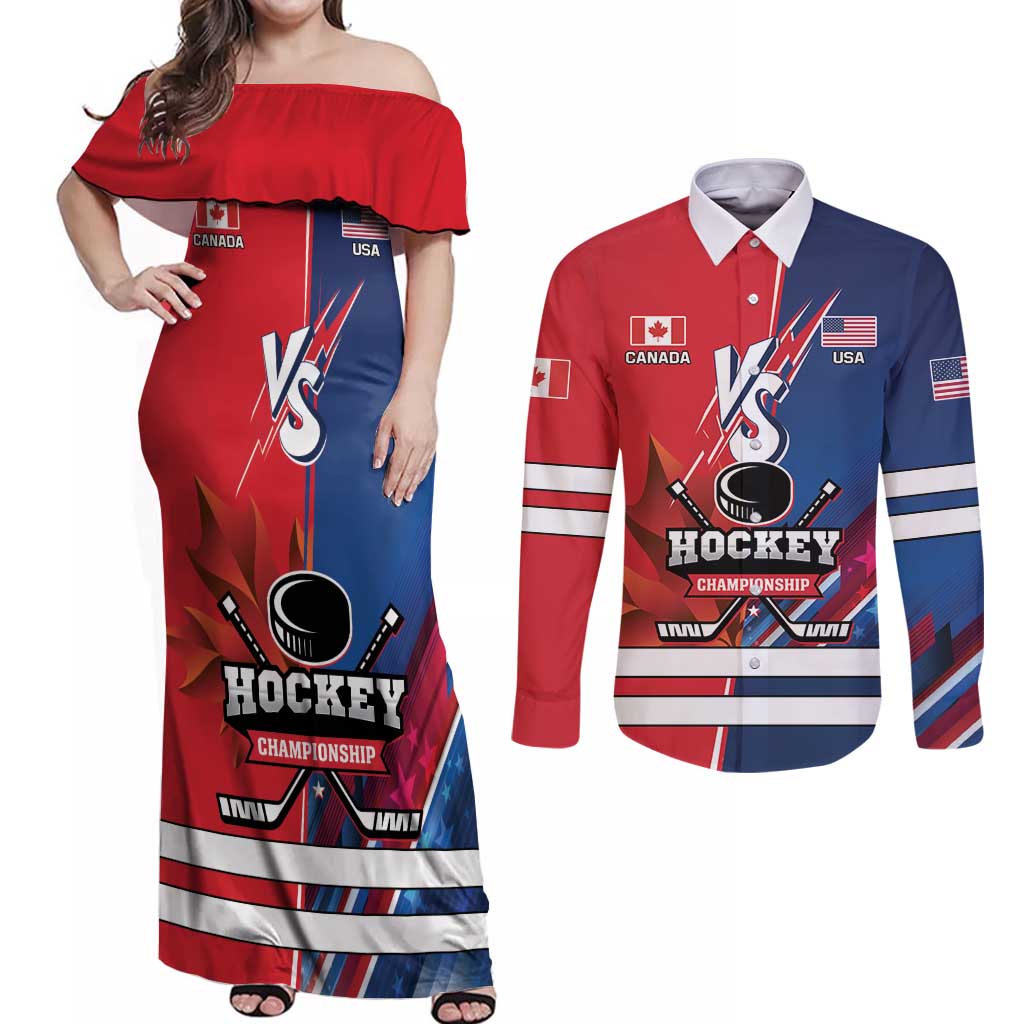 Custom USA vs Canada Ice Hockey Face Off Couples Matching Off Shoulder Maxi Dress and Long Sleeve Button Shirt Hockey Championship