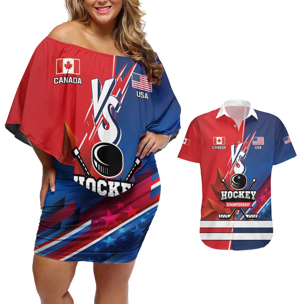 Custom USA vs Canada Ice Hockey Face Off Couples Matching Off Shoulder Short Dress and Hawaiian Shirt Hockey Championship