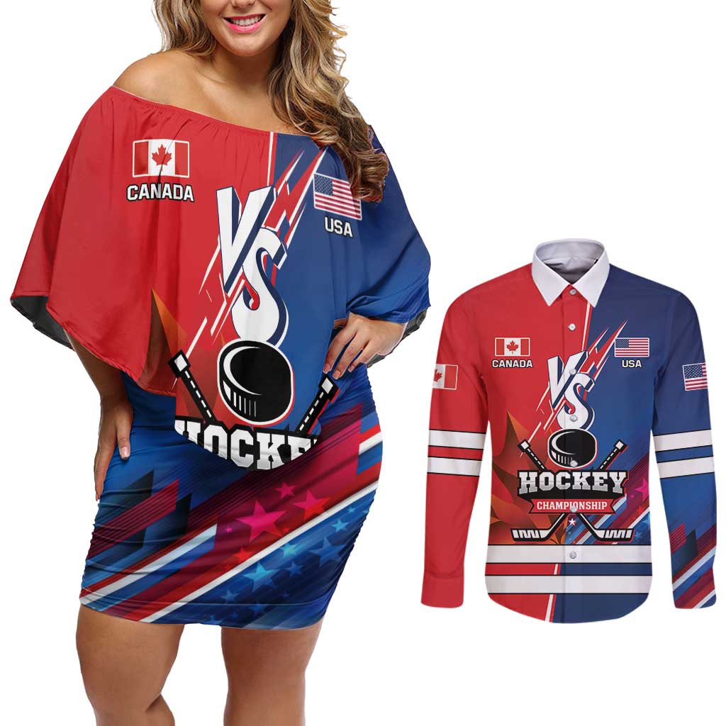 Custom USA vs Canada Ice Hockey Face Off Couples Matching Off Shoulder Short Dress and Long Sleeve Button Shirt Hockey Championship