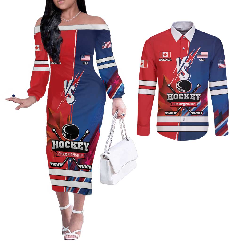 Custom USA vs Canada Ice Hockey Face Off Couples Matching Off The Shoulder Long Sleeve Dress and Long Sleeve Button Shirt Hockey Championship