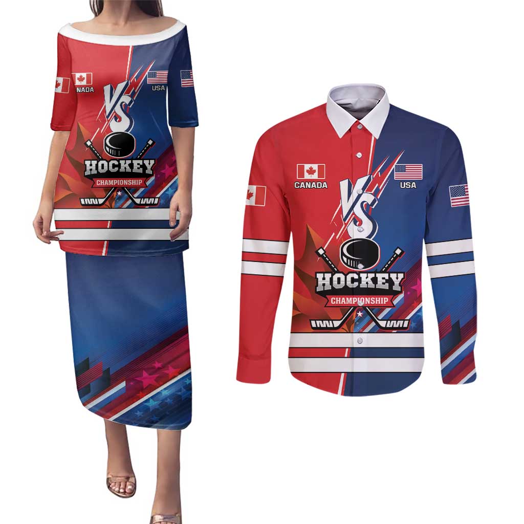 Custom USA vs Canada Ice Hockey Face Off Couples Matching Puletasi and Long Sleeve Button Shirt Hockey Championship