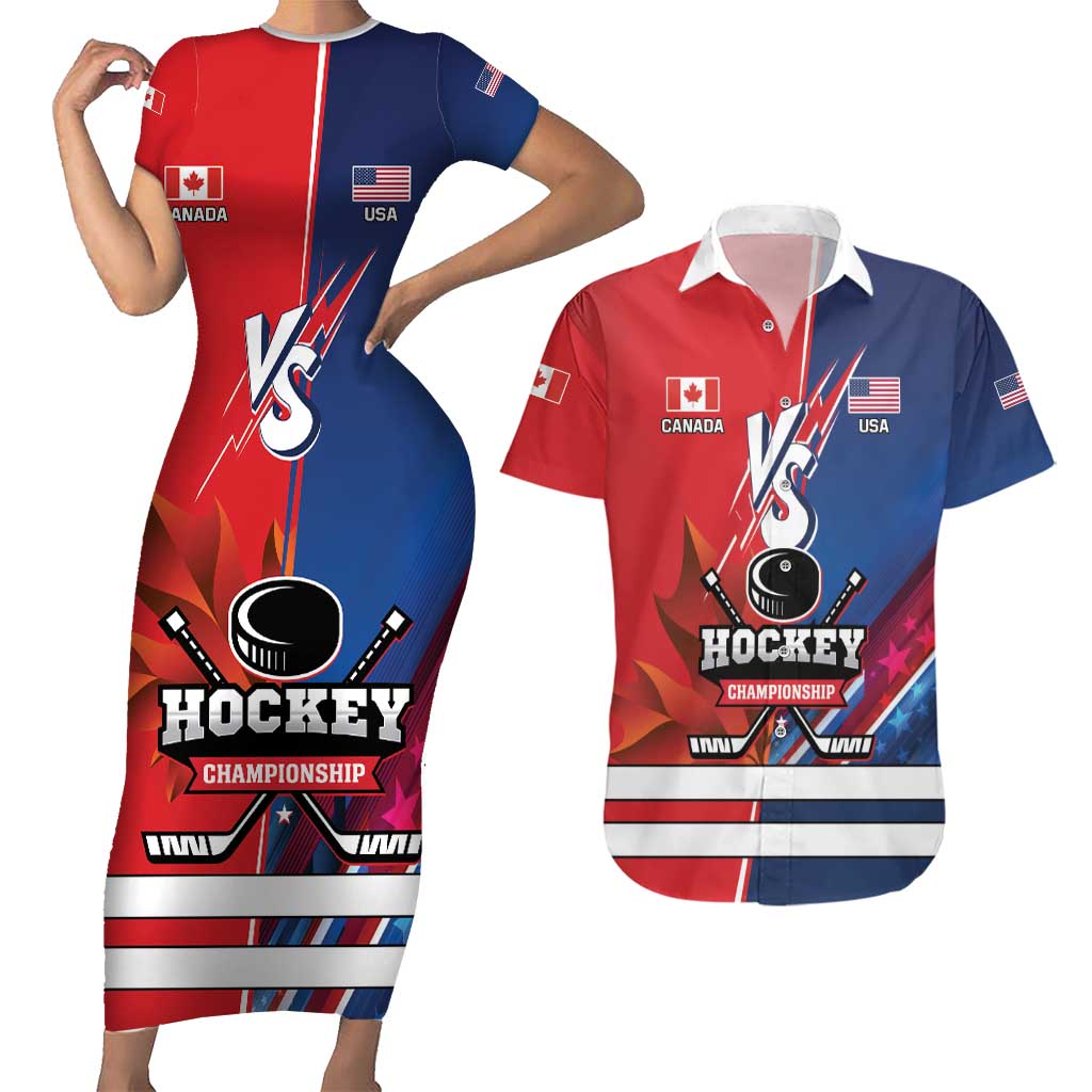 Custom USA vs Canada Ice Hockey Face Off Couples Matching Short Sleeve Bodycon Dress and Hawaiian Shirt Hockey Championship