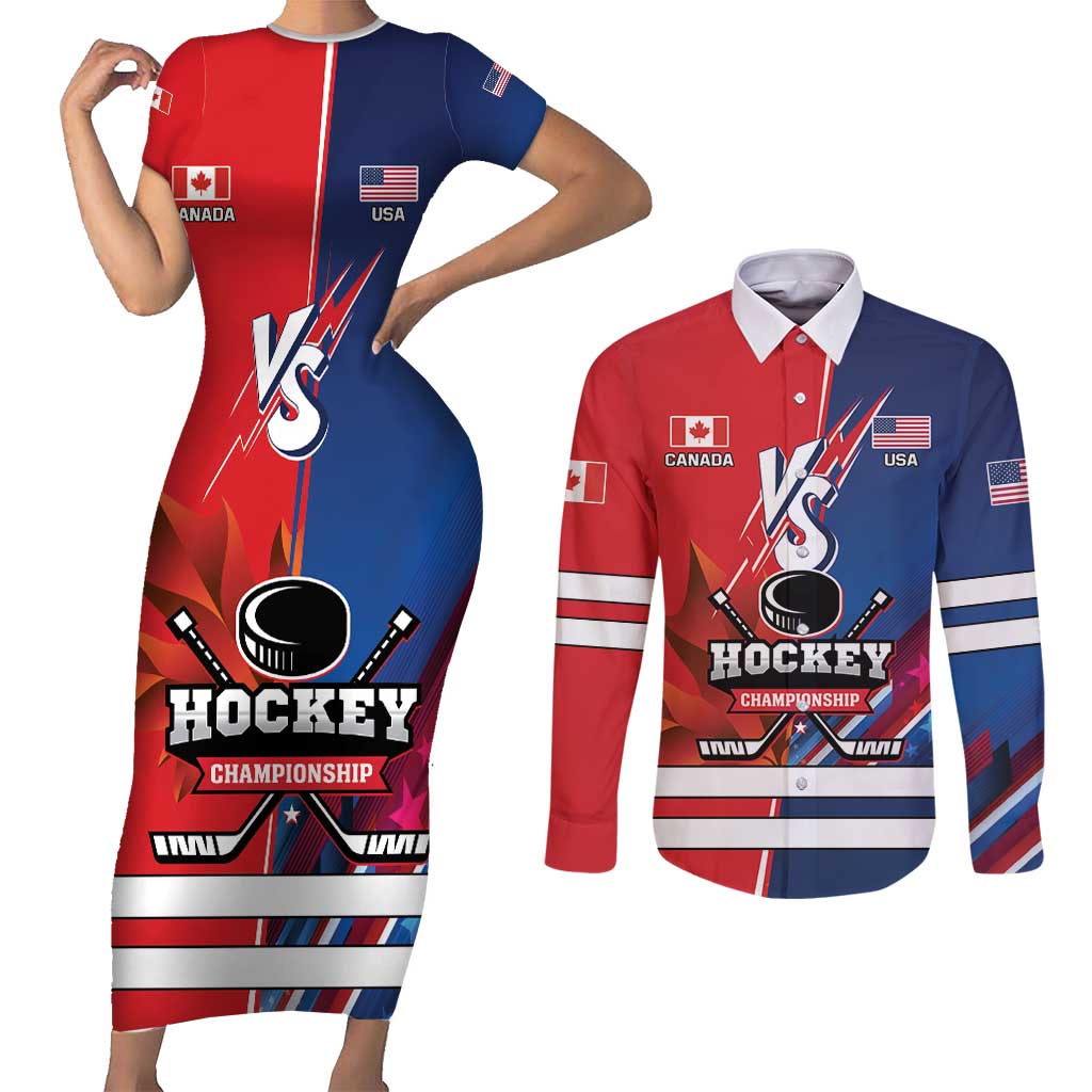 Custom USA vs Canada Ice Hockey Face Off Couples Matching Short Sleeve Bodycon Dress and Long Sleeve Button Shirt Hockey Championship