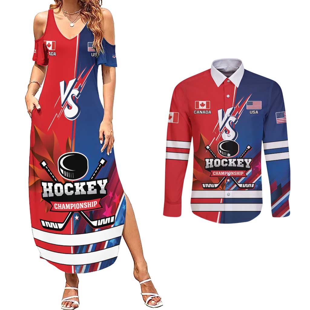 Custom USA vs Canada Ice Hockey Face Off Couples Matching Summer Maxi Dress and Long Sleeve Button Shirt Hockey Championship