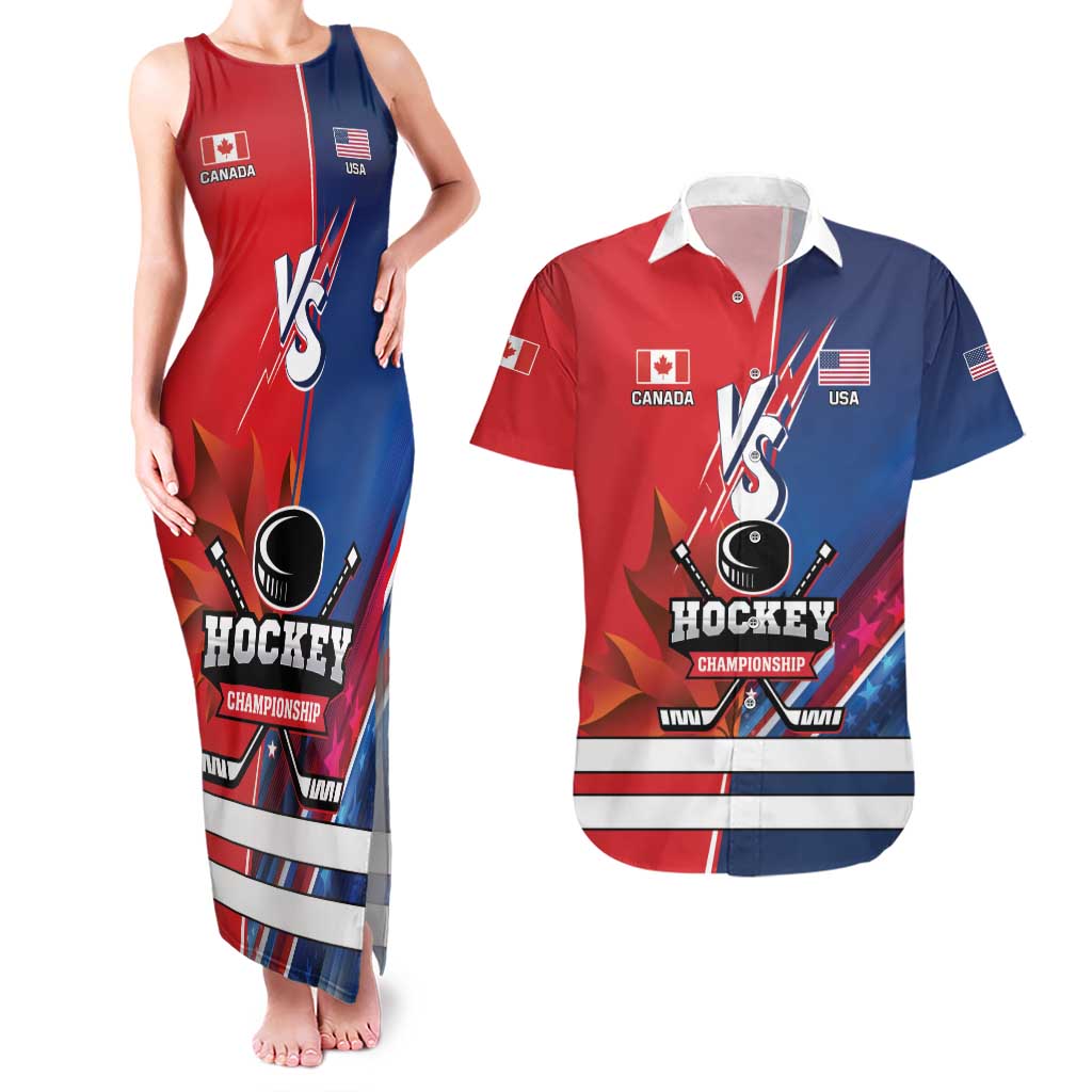 Custom USA vs Canada Ice Hockey Face Off Couples Matching Tank Maxi Dress and Hawaiian Shirt Hockey Championship