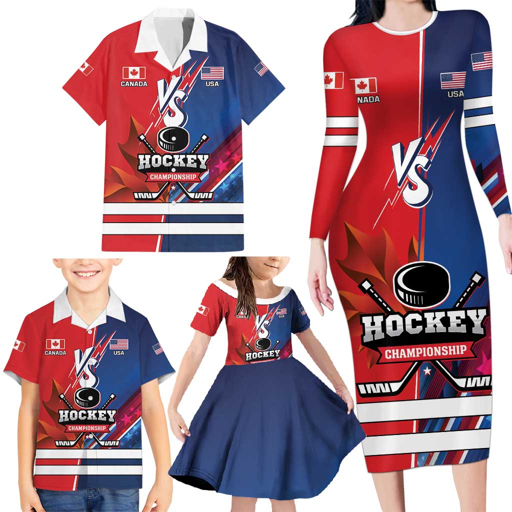 Custom USA vs Canada Ice Hockey Face Off Family Matching Long Sleeve Bodycon Dress and Hawaiian Shirt Hockey Championship