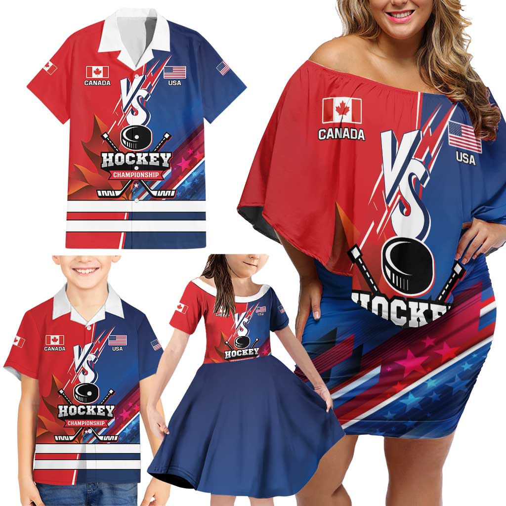 Custom USA vs Canada Ice Hockey Face Off Family Matching Off Shoulder Short Dress and Hawaiian Shirt Hockey Championship