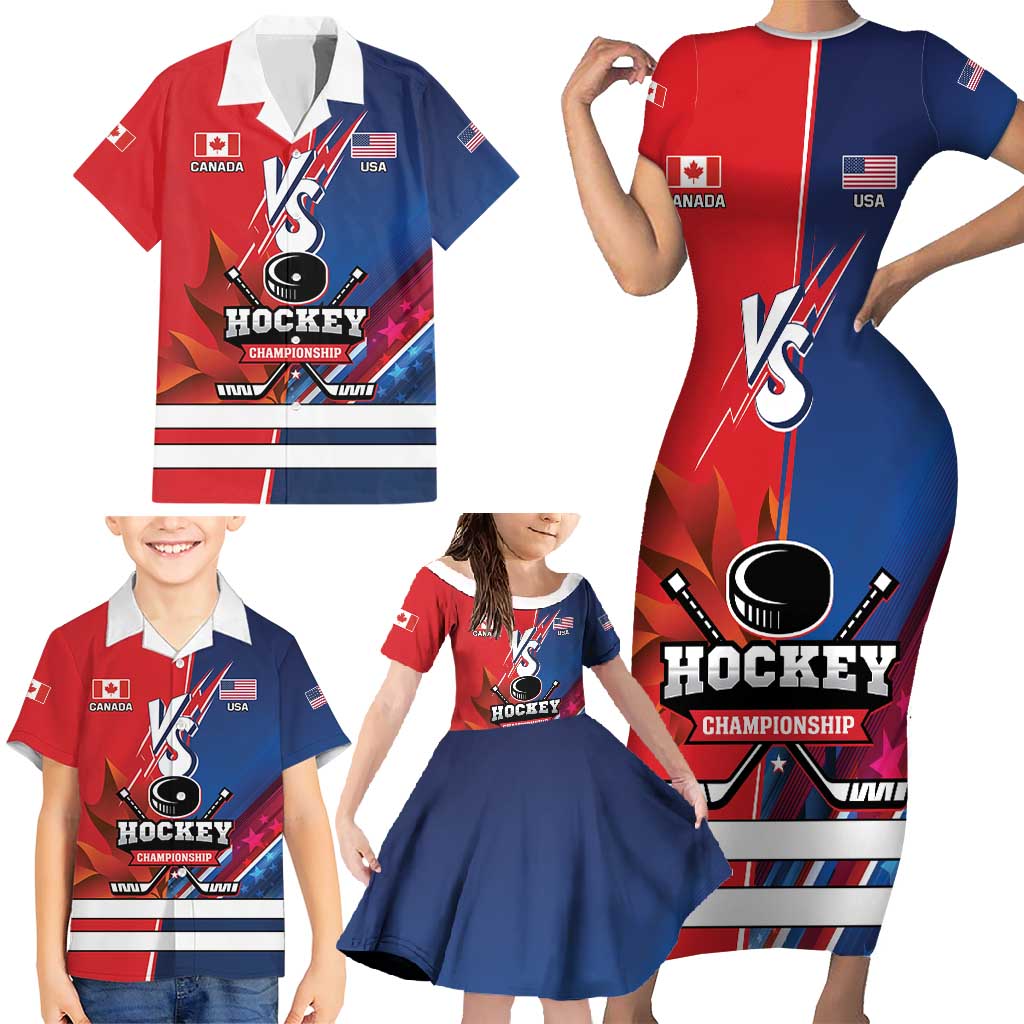 Custom USA vs Canada Ice Hockey Face Off Family Matching Short Sleeve Bodycon Dress and Hawaiian Shirt Hockey Championship