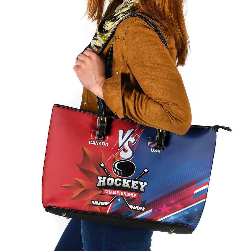 USA vs Canada Ice Hockey Face Off Leather Tote Bag Hockey Championship