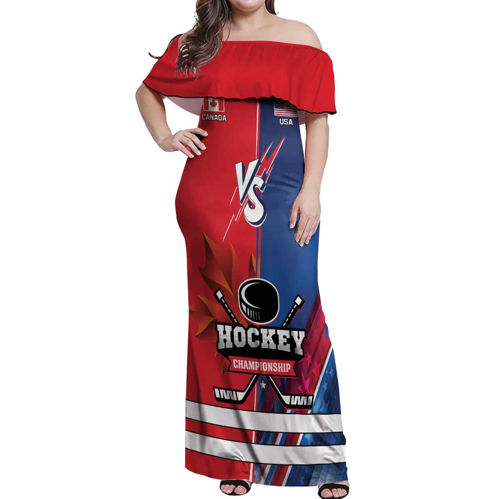 Custom USA vs Canada Ice Hockey Face Off Off Shoulder Maxi Dress Hockey Championship