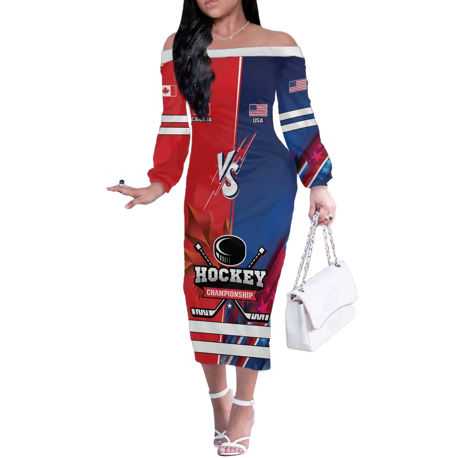 Custom USA vs Canada Ice Hockey Face Off Off The Shoulder Long Sleeve Dress Hockey Championship