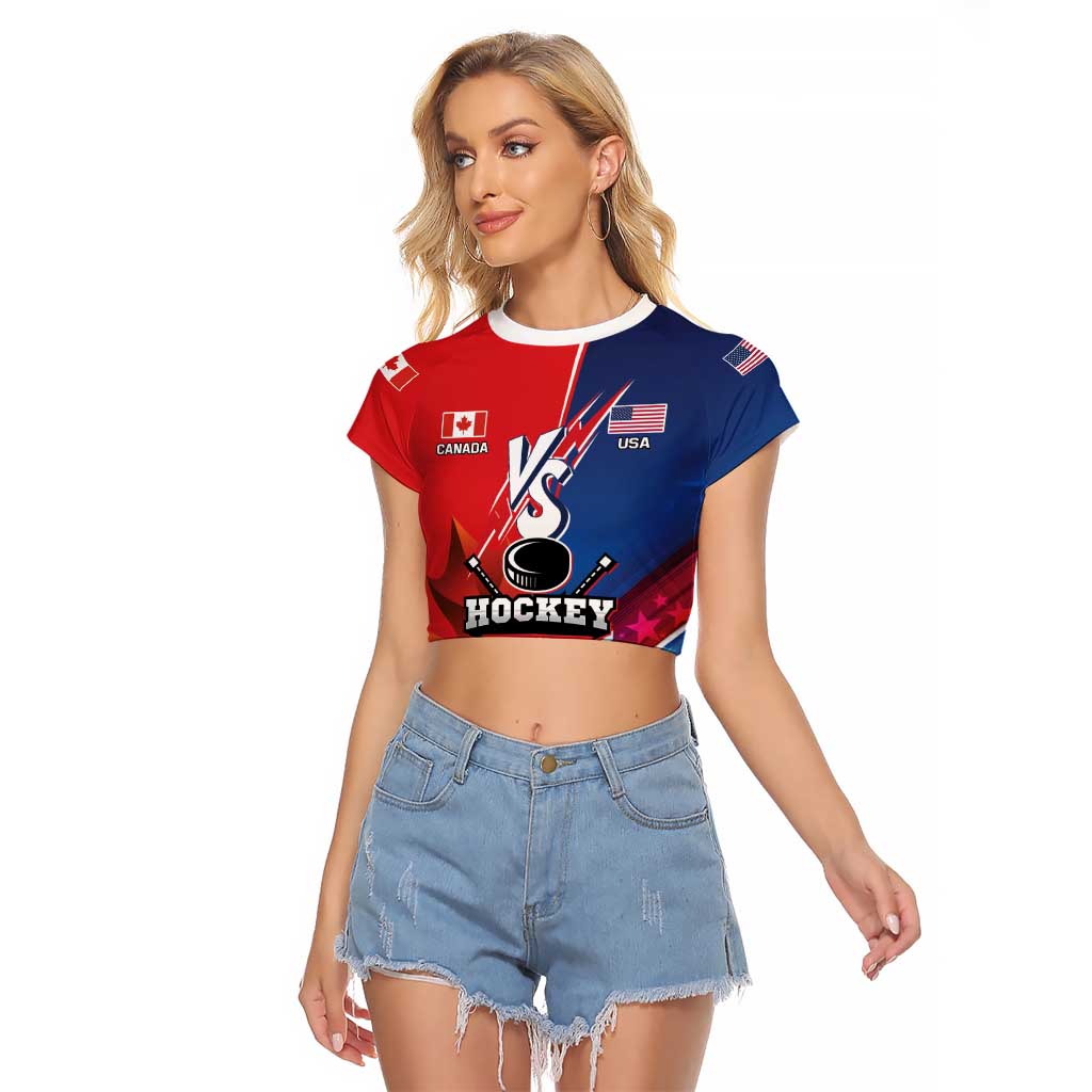 Custom USA vs Canada Ice Hockey Face Off Raglan Cropped T Shirt Hockey Championship