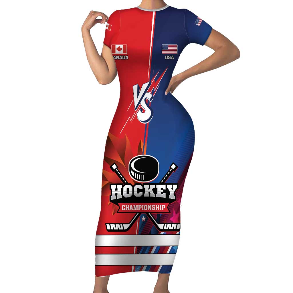 Custom USA vs Canada Ice Hockey Face Off Short Sleeve Bodycon Dress Hockey Championship