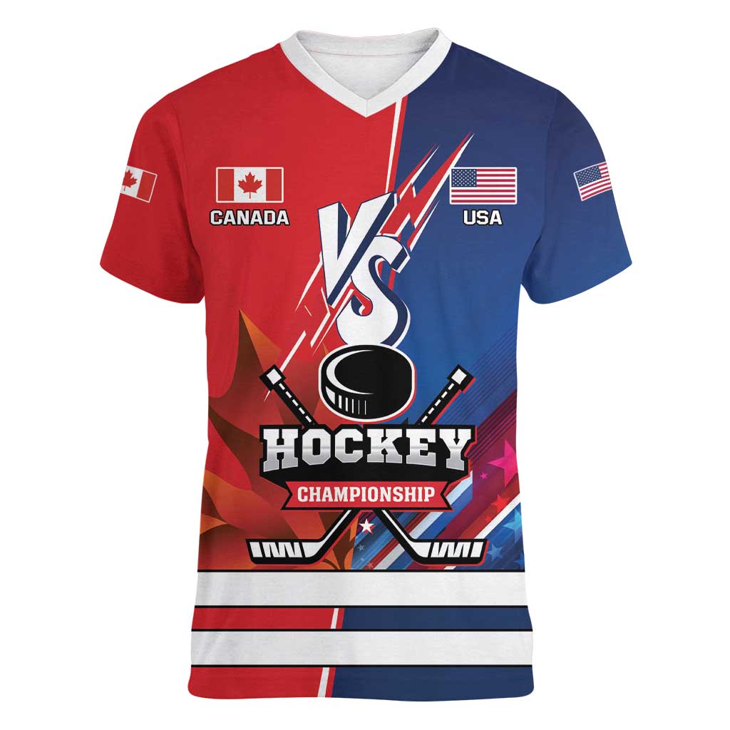 Custom USA vs Canada Ice Hockey Face Off Women V-Neck T-Shirt Hockey Championship