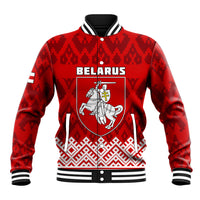 Red baseball jacket with Belarus crest, folk pattern, striped ribbed collar and cuffs.
