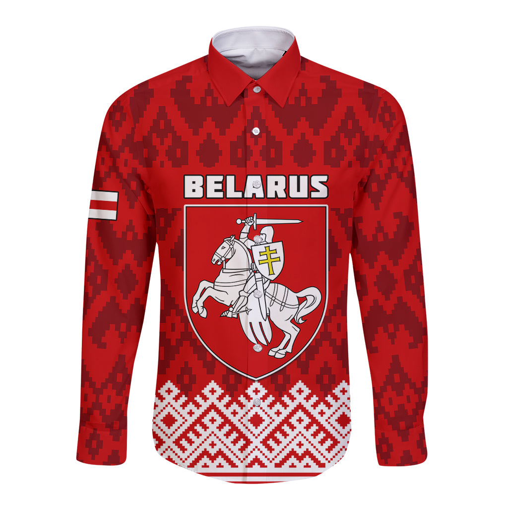Red long-sleeve button shirt with Belarus crest shield and folk mix pattern