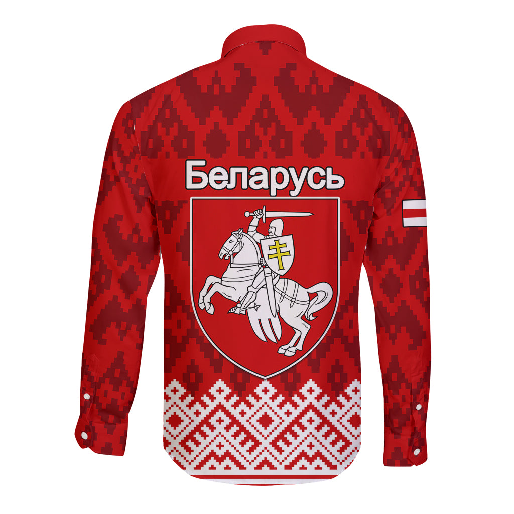 Red long-sleeve button shirt, back view, Belarus crest shield with folk border pattern