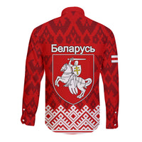 Red long-sleeve button shirt, back view, Belarus crest shield with folk border pattern