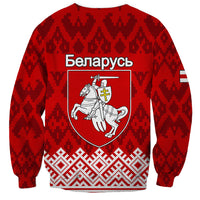 Red Belarus sweatshirt with coat of arms and folk pattern