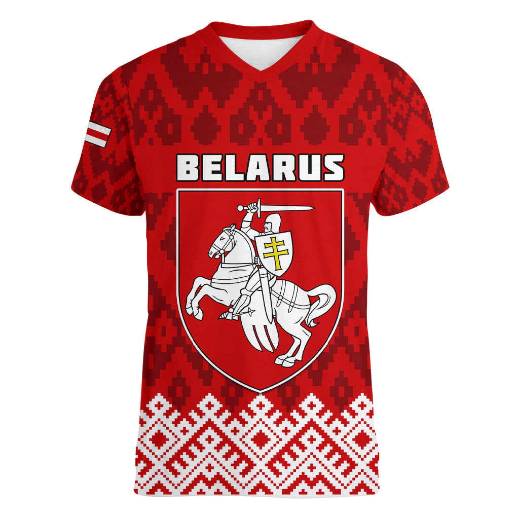 Belarus 1991 Women V Neck T Shirt Belarusian Coat Of Arms Mix Folk Pattern - Wonder Print Shop