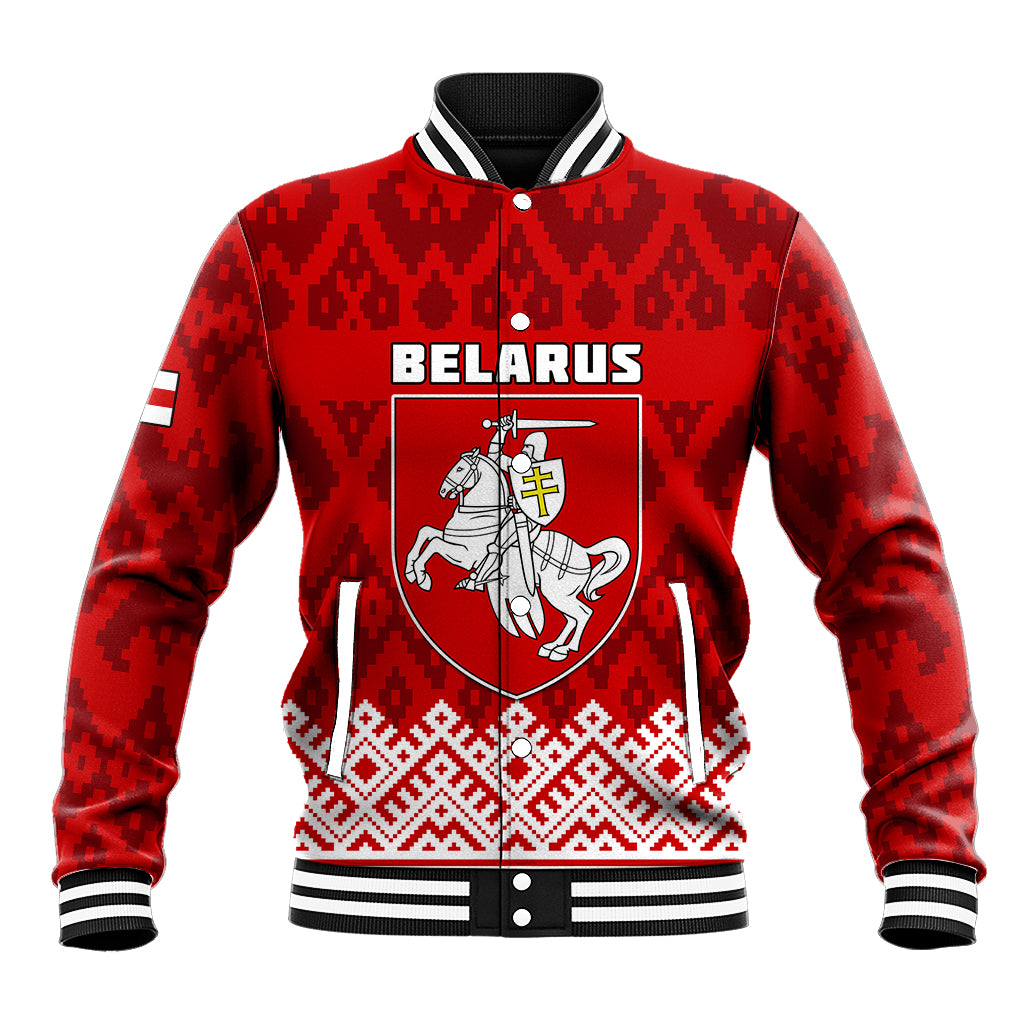 Red baseball jacket with black-and-white striped collar, folk pattern, Belarus emblem front