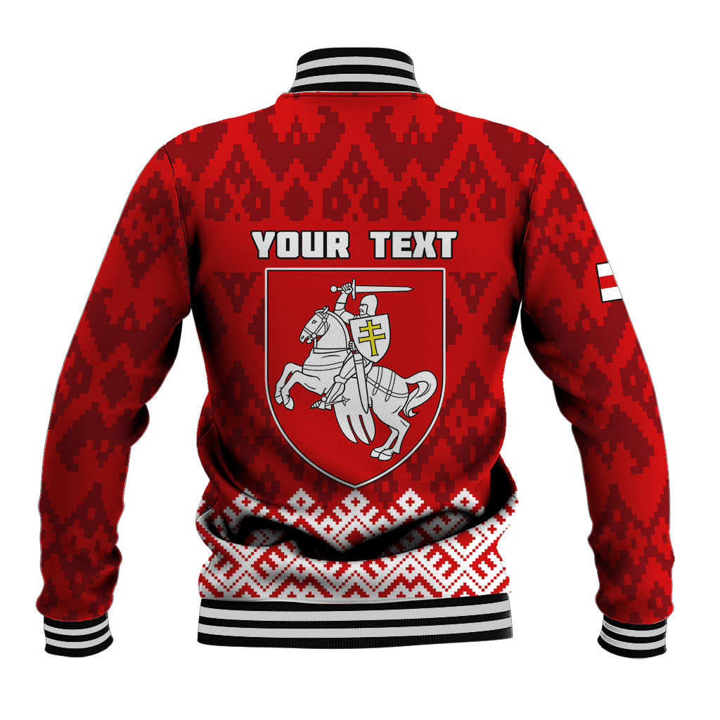 Red baseball jacket back with striped collar, folk pattern, crest and "YOUR TEXT" print