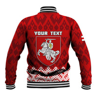 Red baseball jacket back with striped collar, folk pattern, crest and "YOUR TEXT" print