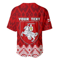 Red baseball jersey with folk pattern, shield emblem, YOUR TEXT on back