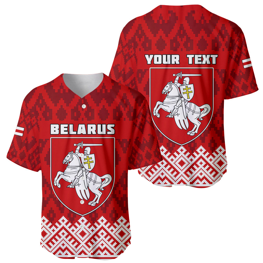Red baseball jersey with folk pattern, shield emblem; BELARUS front, YOUR TEXT back