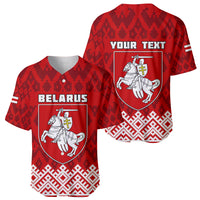 Red baseball jersey with folk pattern, shield emblem; BELARUS front, YOUR TEXT back
