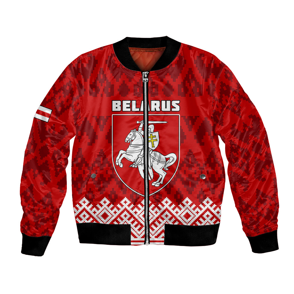Red bomber jacket with Belarus crest, folk border, full zip front, black rib trims