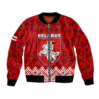 Red bomber jacket with Belarus crest, folk border, full zip front, black rib trims