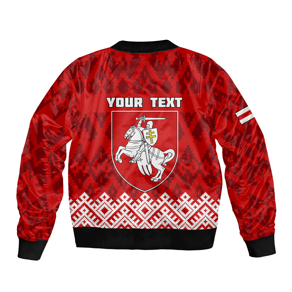 Red bomber jacket with back crest and 'YOUR TEXT' print, folk pattern hem, black rib trims