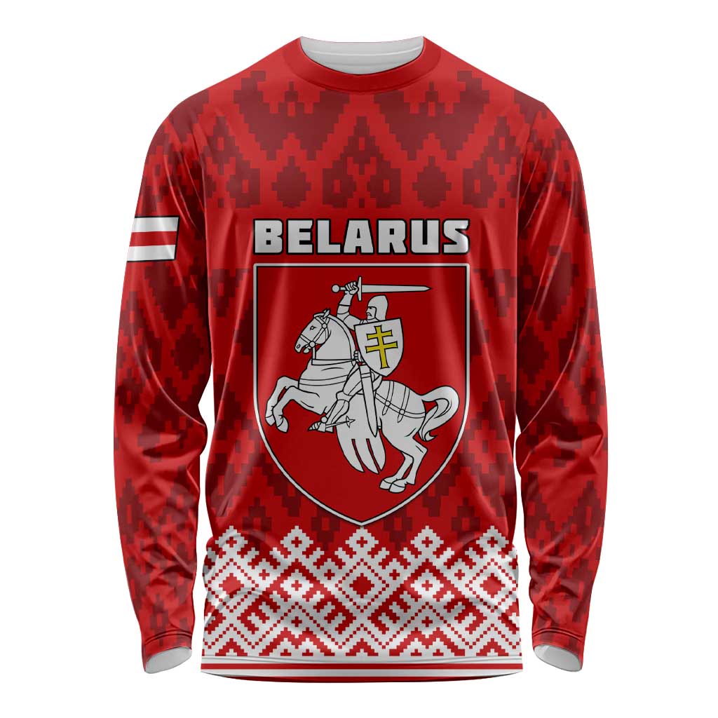 Red long sleeve shirt with Belarus text, crest knight and folk pattern hem and sleeves