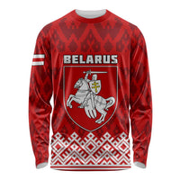 Red long sleeve shirt with Belarus text, crest knight and folk pattern hem and sleeves