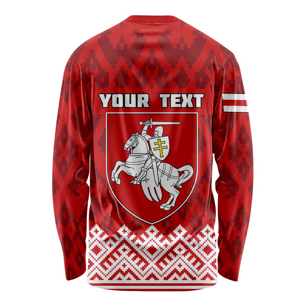 Red long sleeve shirt with 'YOUR TEXT' crest knight and folk pattern, striped cuffs