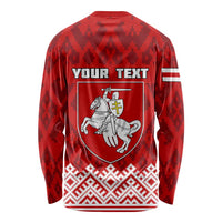 Red long sleeve shirt with 'YOUR TEXT' crest knight and folk pattern, striped cuffs
