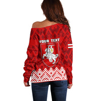 Red off-shoulder sweater back with YOUR TEXT and Belarus crest, folk diamond pattern, long sleeves