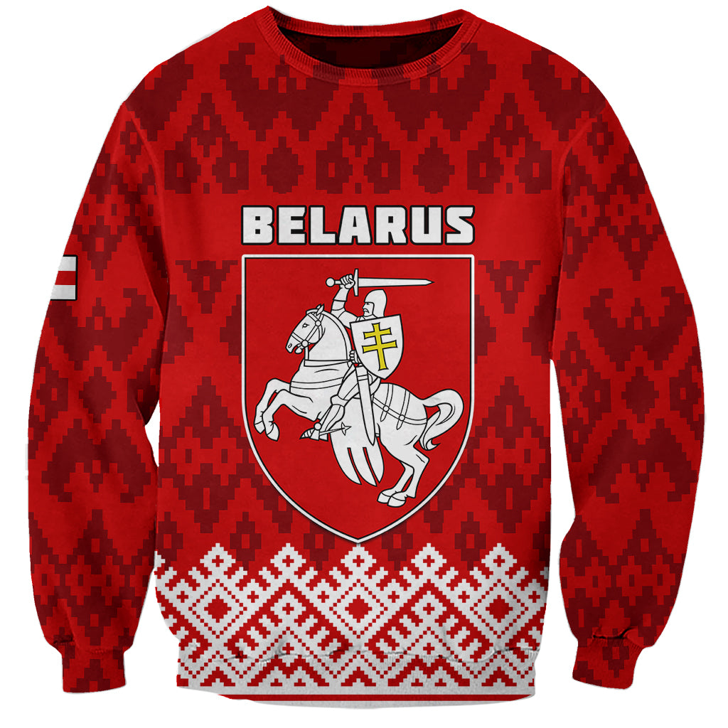 Red unisex sweatshirt with Belarus crest and folk geometric pattern, crewneck long sleeves