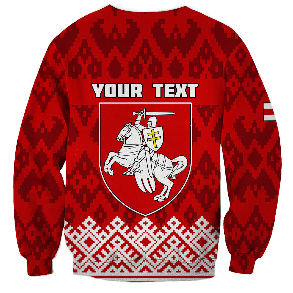 Red unisex sweatshirt with 'YOUR TEXT' and crest, folk geometric hem pattern, crewneck