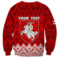Red unisex sweatshirt with 'YOUR TEXT' and crest, folk geometric hem pattern, crewneck