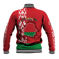 Red Belarus baseball jacket, back graphic map and Cyrillic lettering, varsity collar