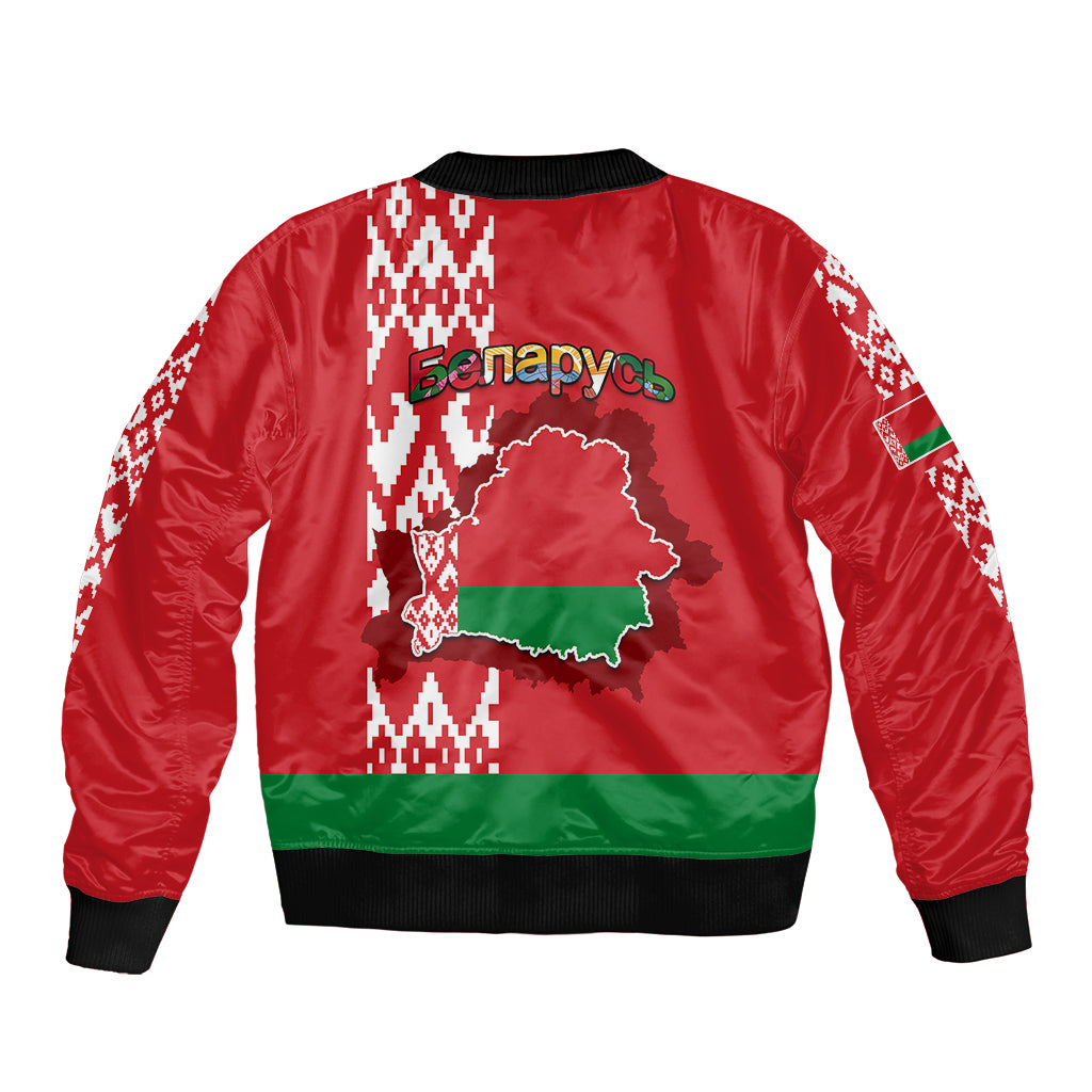 Red unisex bomber jacket, back graphic with Belarus map, green/white pattern, ribbed hem