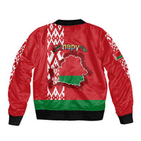 Red unisex bomber jacket, back graphic with Belarus map, green/white pattern, ribbed hem